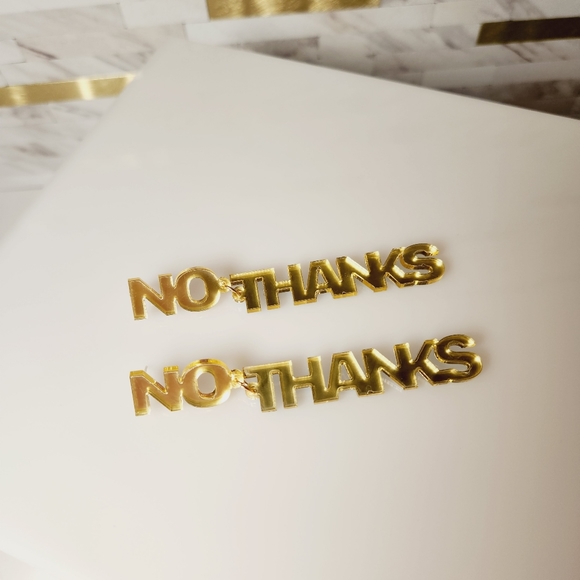 No Thanks Gold Letter Acrylic Earrings - Picture 2 of 3